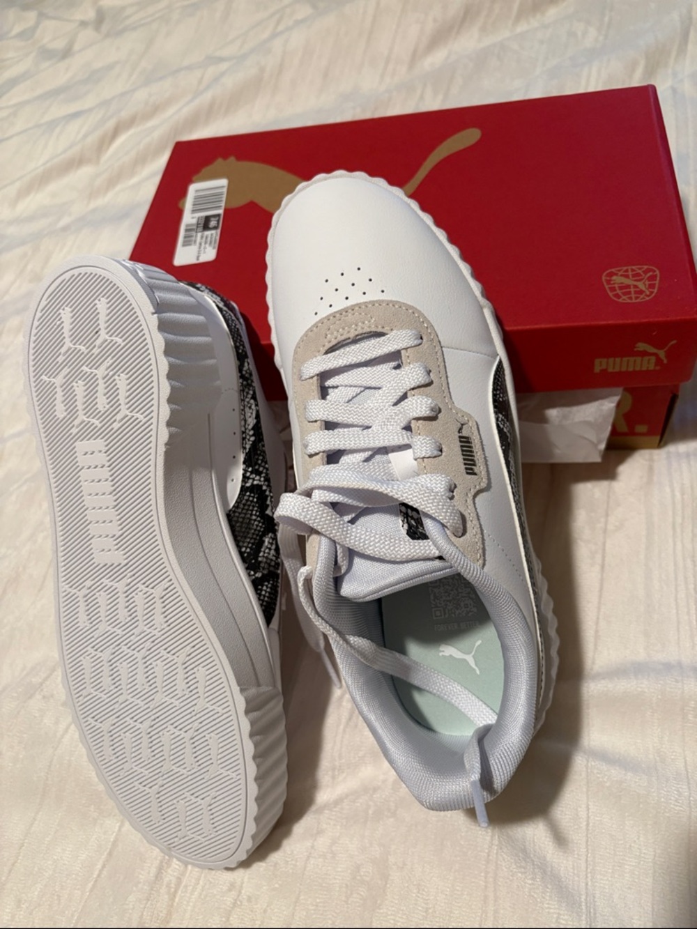 Puma Women’s White Sneakers with Black Snake-Print Detail